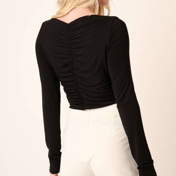 lack Ruched Front Long Sleeve Shirt – Stretchy Fitted Top Women - Picture 3 of 3